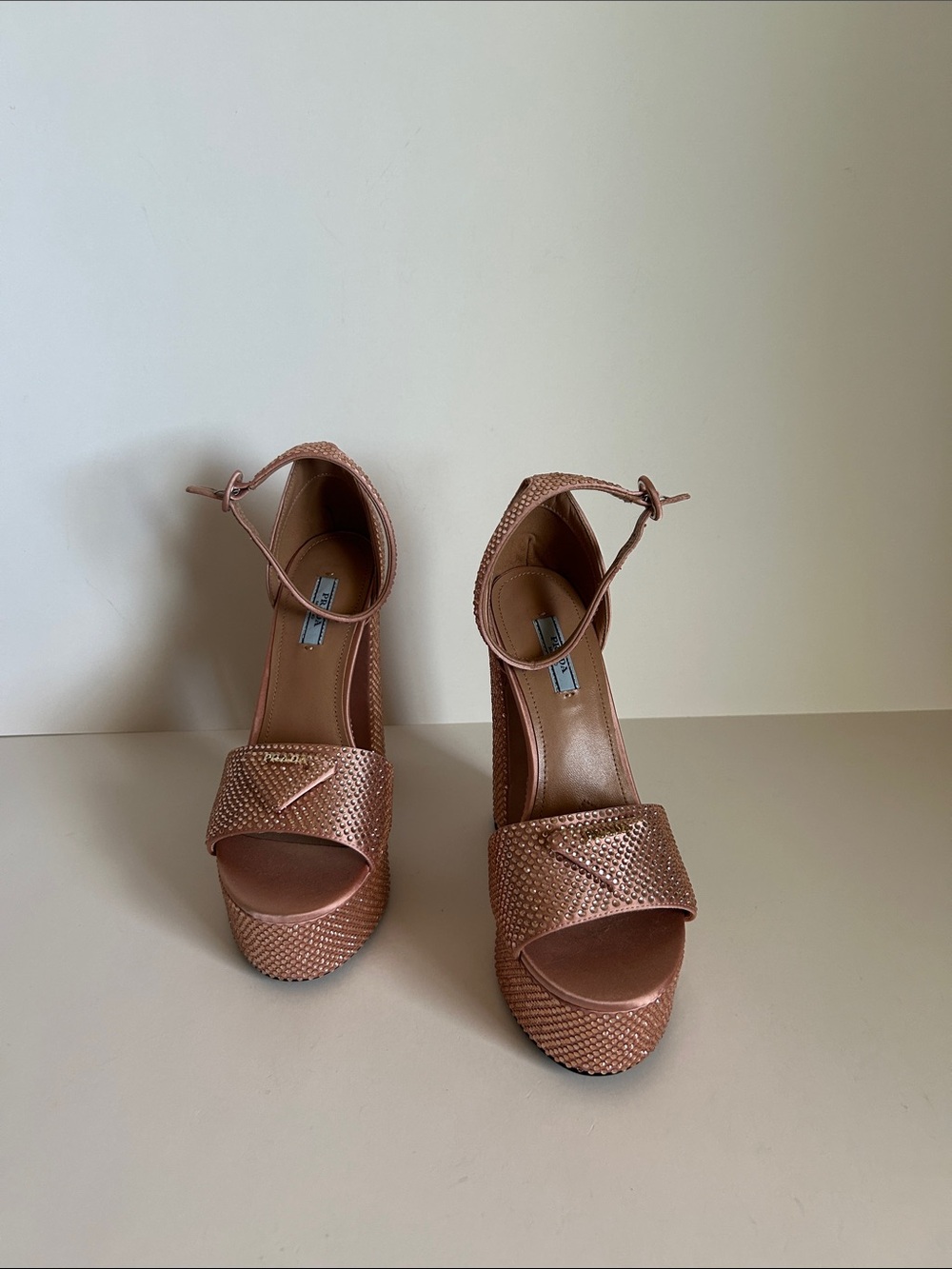 Prada Rose Gold Textured Platform Ankle-Strap Heels